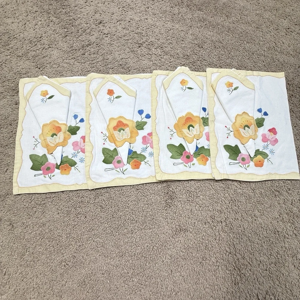 Embroidered Floral Placemats Napkins Yellow Trim Tea Garden Party Handmade 4